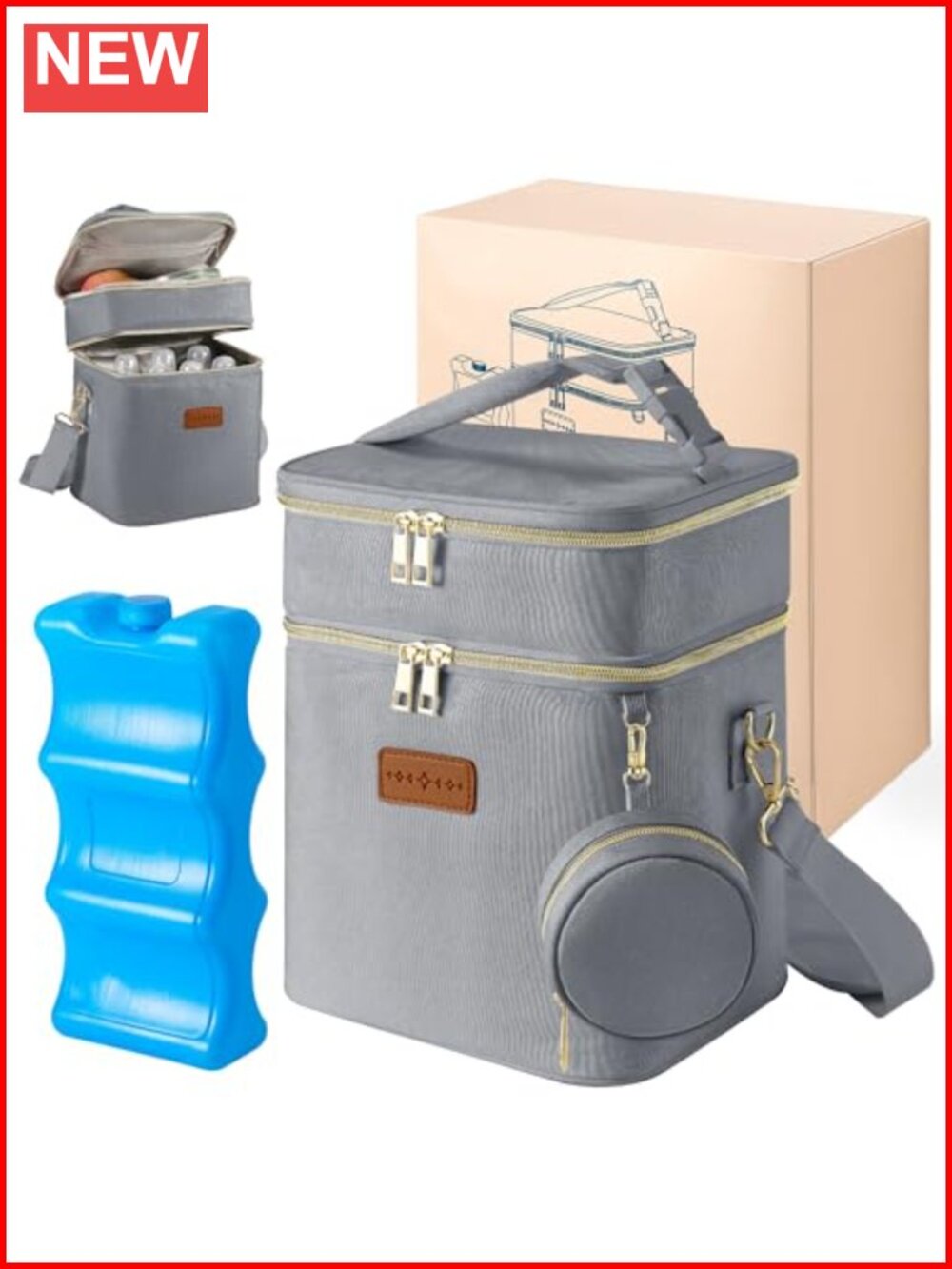 Insulated Breastmilk Cooler Bag Double Layer Fits 6 Bottles with Ice Pack